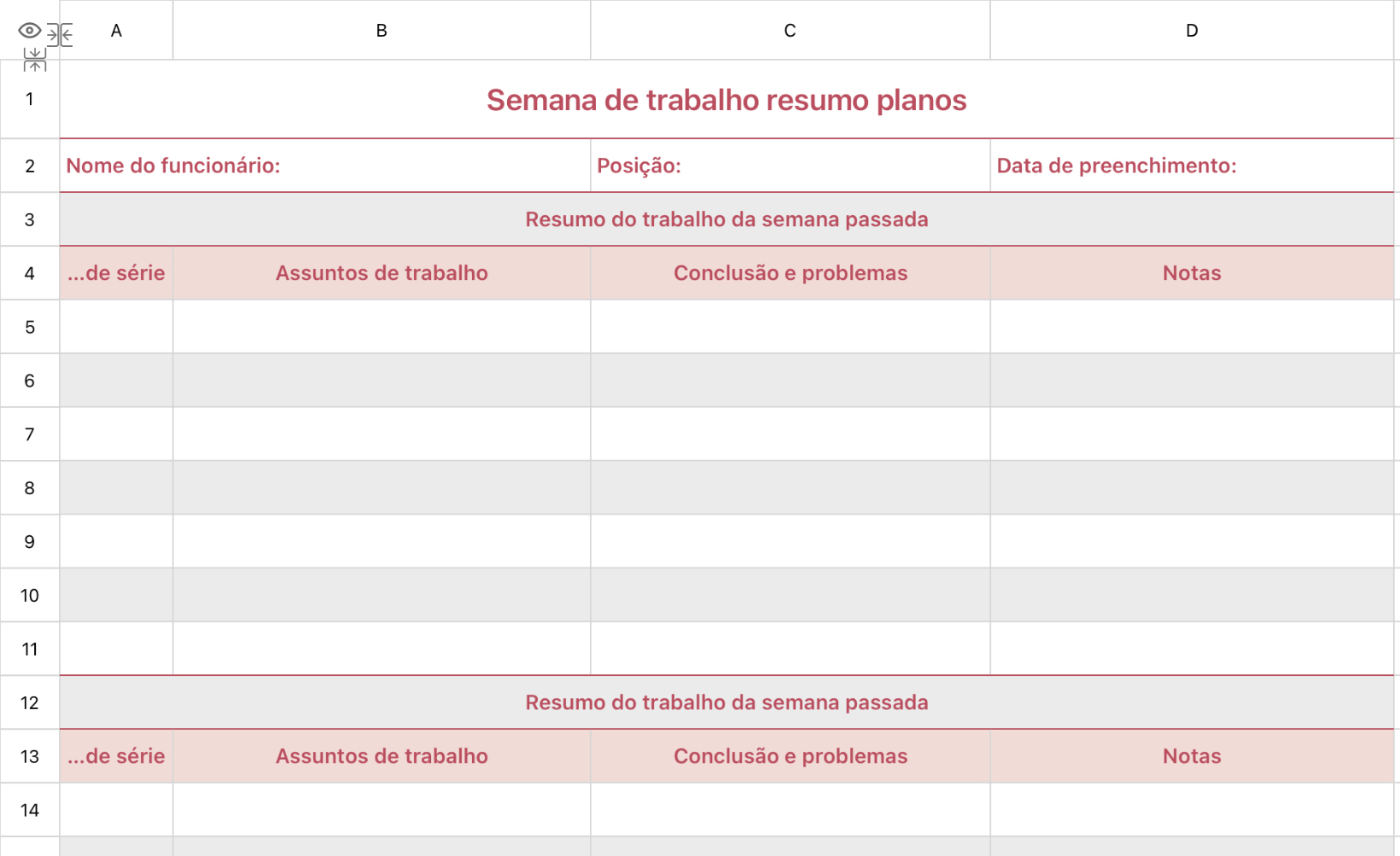 Semana de trabalho resumo planos